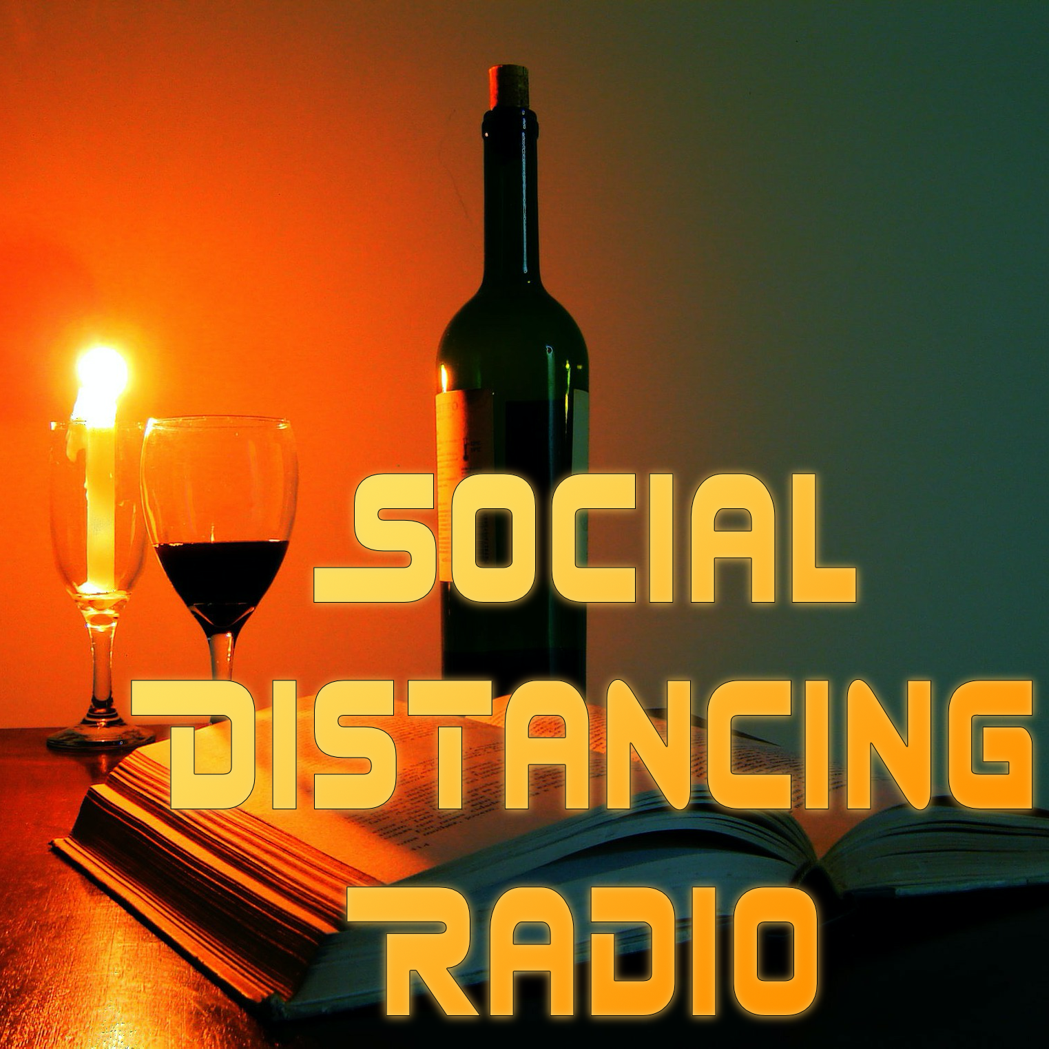 The logo of Social Distancing Radio: a book, a candle, and a glass and bottle of wine.