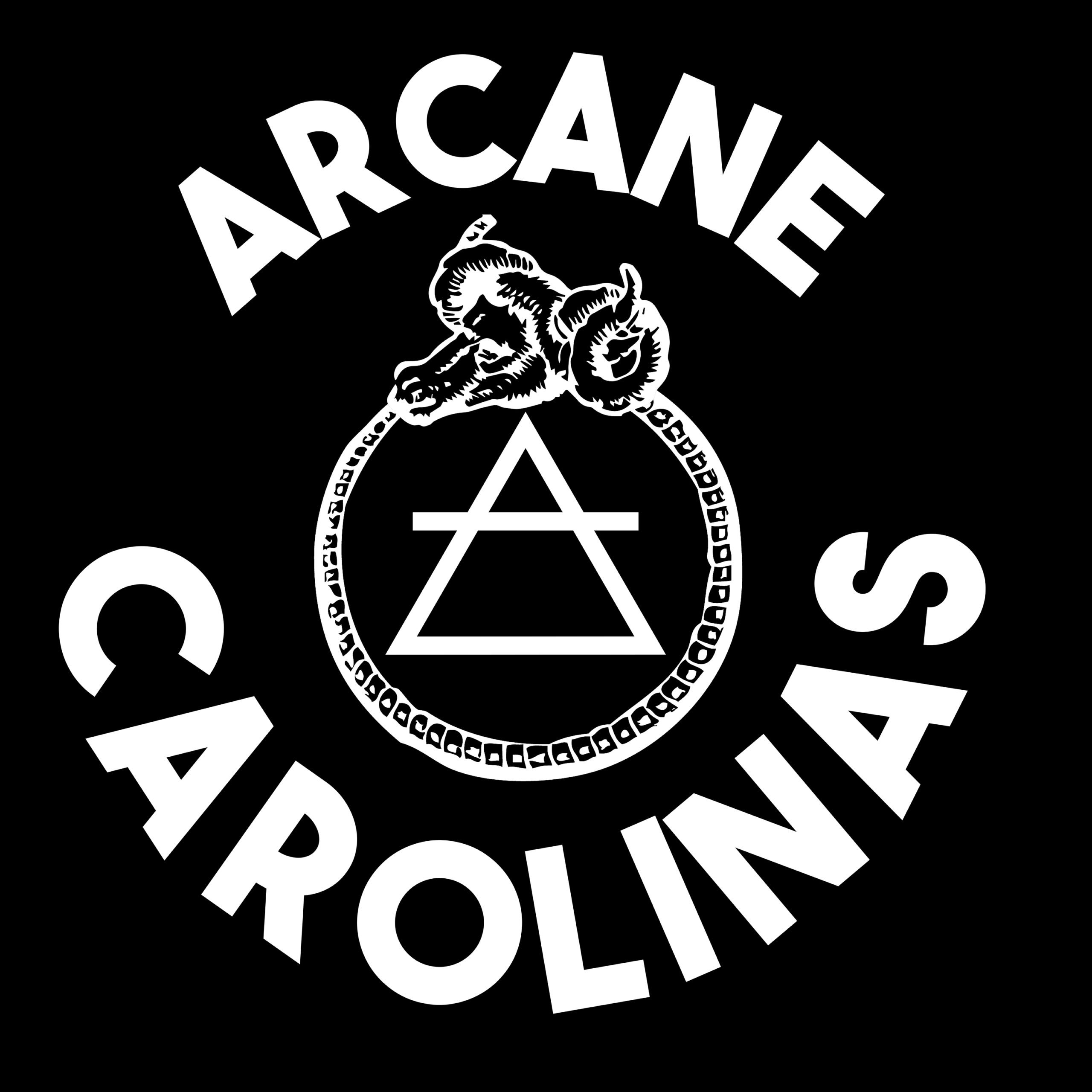 Arcane Carolinas logo: a ram-headed ouroborous around the astrological symbol for Air, with the words ARCANE CAROLINAS.